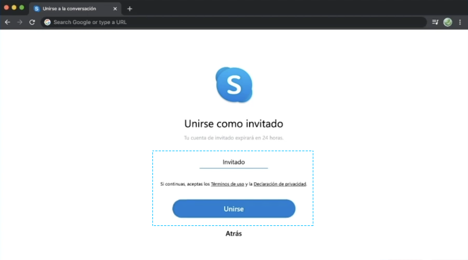 ingresar nombre e ingresar a reunión web skype